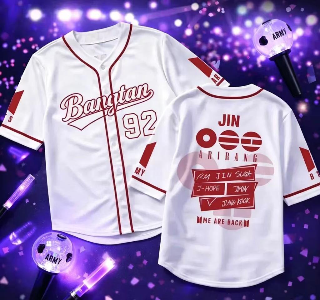 Kpop BTS Baseball Trikot Lila Kurzarm Cardigan Koreanische Streetwear Fan Support Hemd mit Knöpfen Konzertbekleidung für Damen und Herren