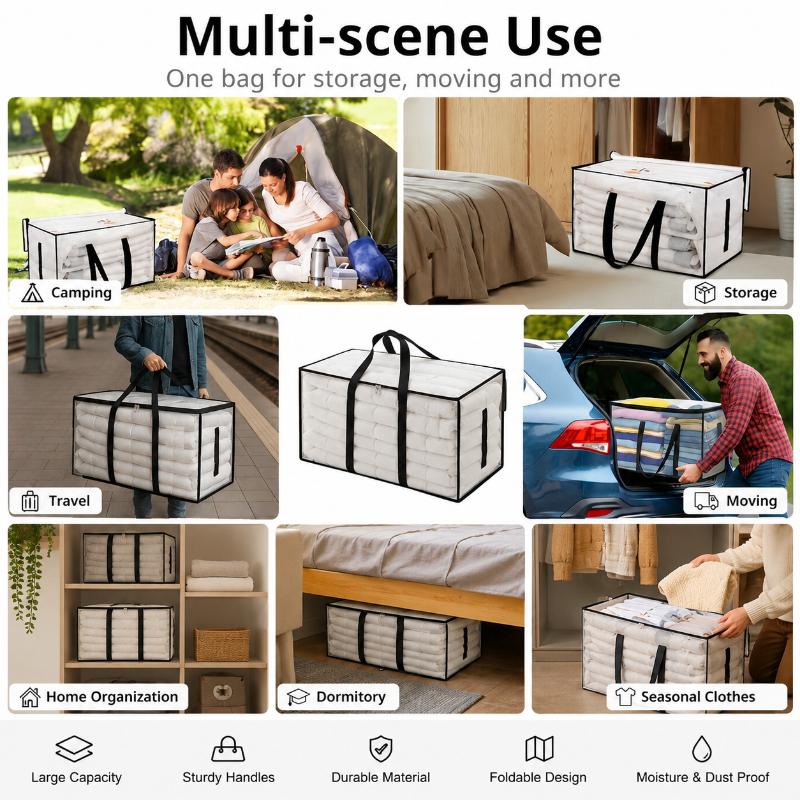 1Pc Heavy-Duty Waterproof Moving Storage Bag With Reinforced Handles And Zipper, Transparent Foldable Organizer Bag With Mesh Sides For Easy Viewing