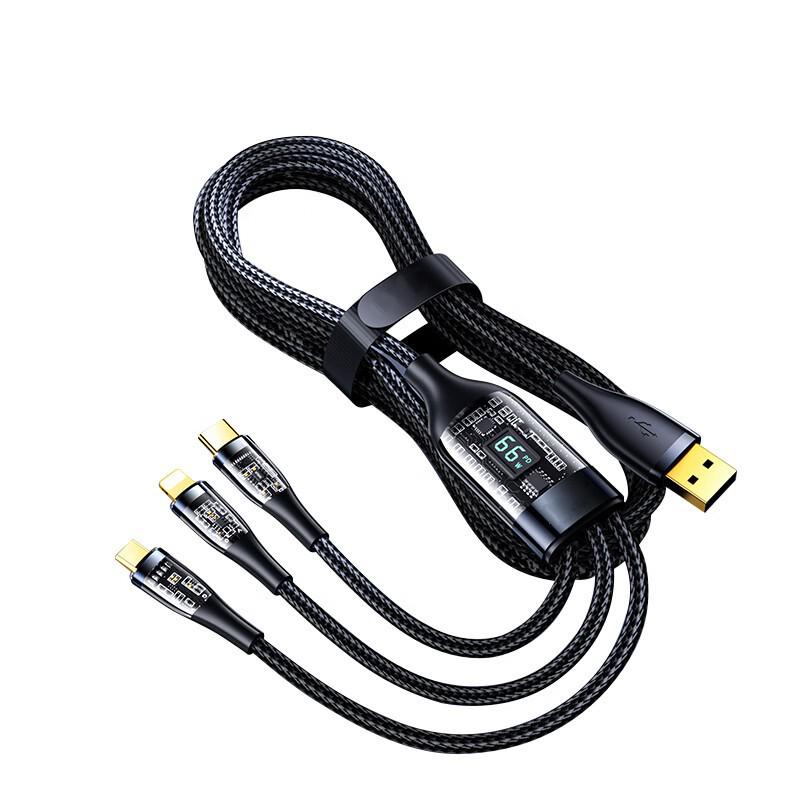 

Плетеный кабель 3-в-1 для быстрой зарядки 66 Вт с цифровым дисплеем для устройств Apple, Huawei, Android и Type-C 66W Fast Charge 3-in-1 чёрный