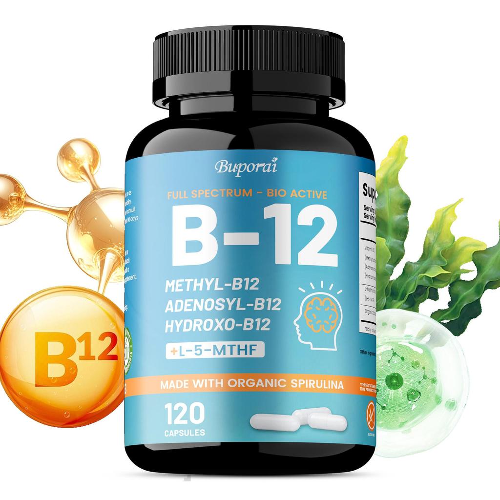 Vollspektrum-Vitamin-B12-Kapseln enthalten alle drei natürlichen Formen von Vitamin B12 und aktive Folsäure, die helfen, Energie, Konzentration und Stimmung zu steigern.