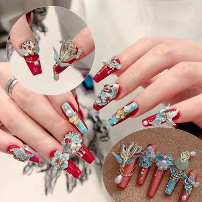Phoenix Crown & Xiapei Elegant Wedding Nails: Chinese Style with Zirconia Inlay