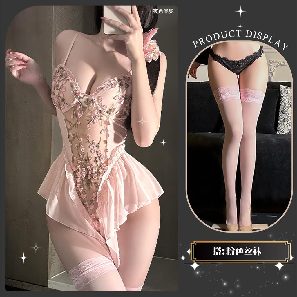 Sexy underwear suspender embroidered tight onesie pure desire tie slim gathering floral mesh strap set