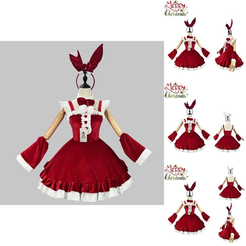 5xl Women Xmas Cosplay Costume Bow Lolita Sexy Maid Outfit Santa Wine Red