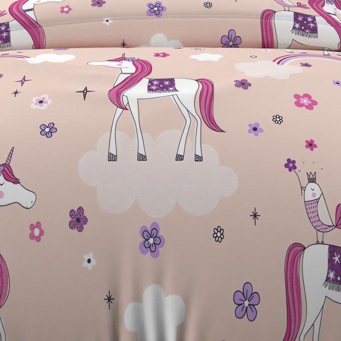 Parure housse de couette 140x200 cm LICORNES rose, 100% coton 57 fils/cm2, par Soleil d'Ocre