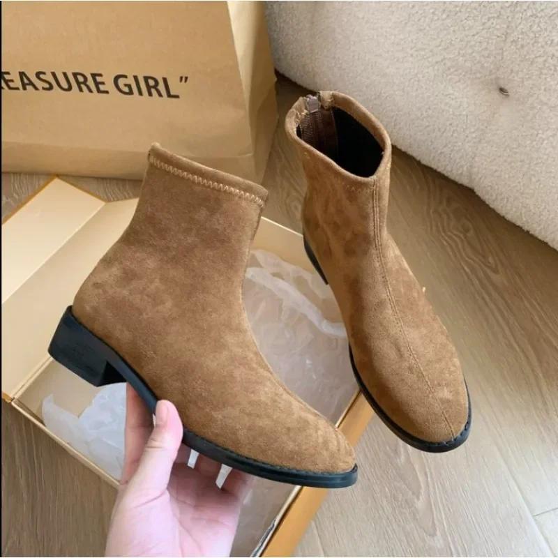 Vintage Women Slim Ankle Boots Fashion Elegant Square Toe Shoes Autumn High Heel  Short Booties