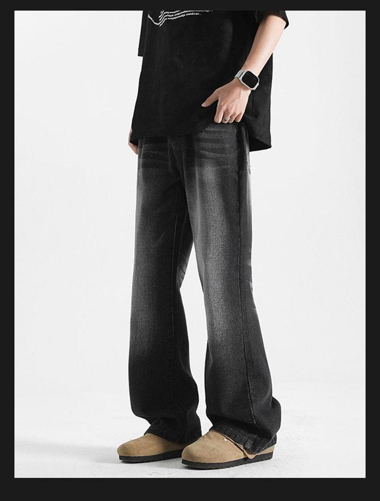 Retro Hong Kong Style Loose Straight-Leg Micro-Flare Jeans - Unisex Casual Solid Color Floor-Length Pant for Spring