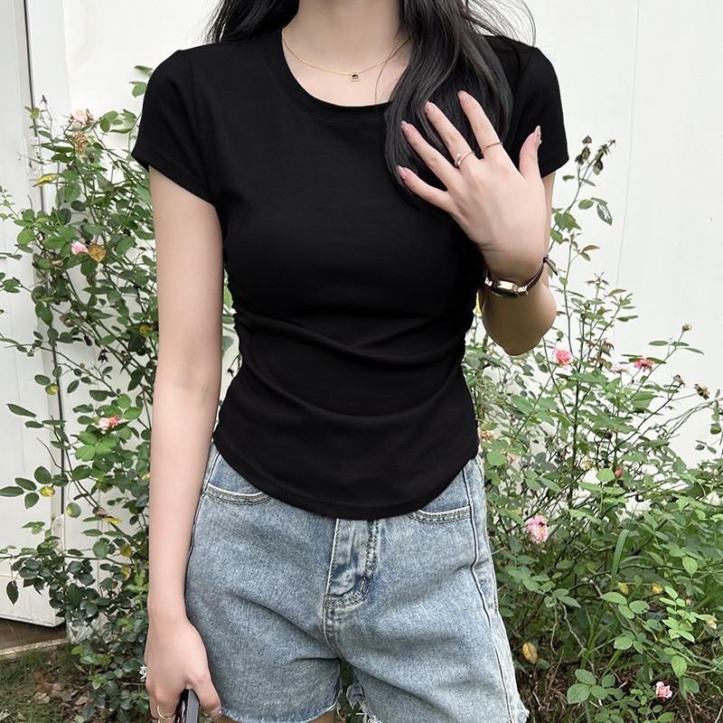 Plain Cotton Short Sleeve T Shirt With Pleated Detail For Casual Wear