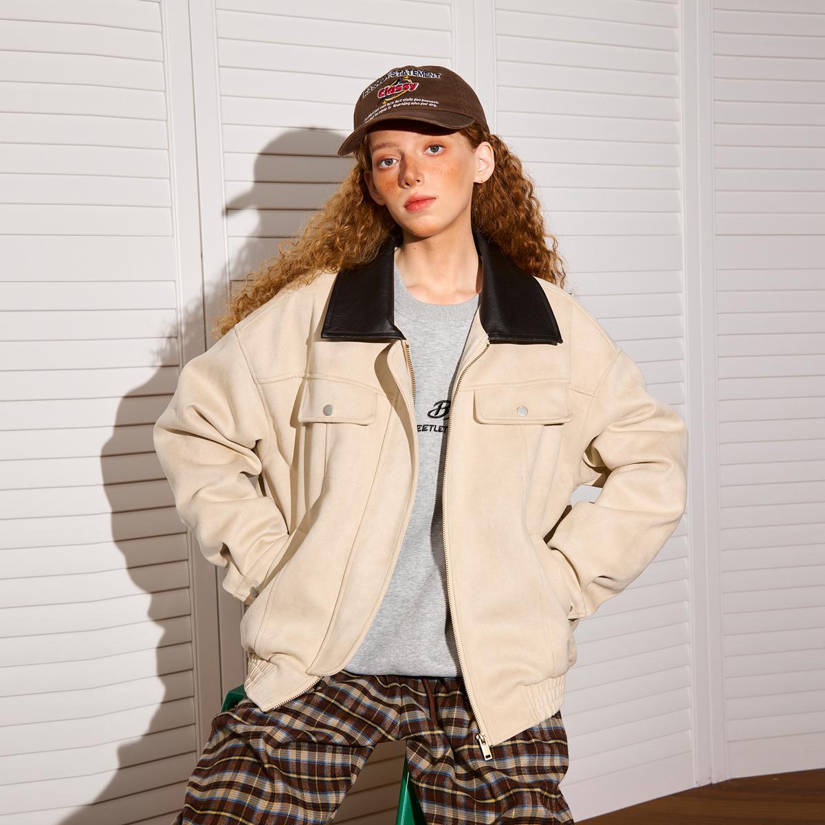 

Женская замшевая куртка оверсайз - Весенне-осенний стиль американской рабочей одежды L хаки