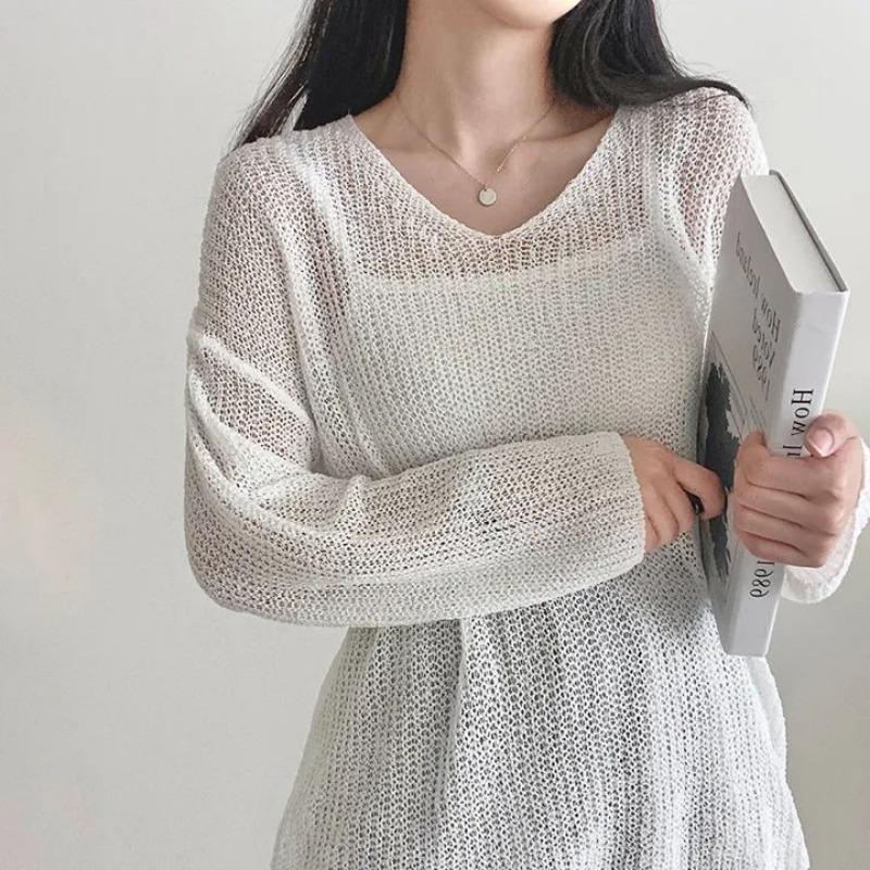 V-neck Fashion Loose Pullover Knitted Sweater Thin Sunscreen Blouse Women Long Sleeve Cover Up 2025 New Elegant Solid Knitwear Korean Solid Color Top