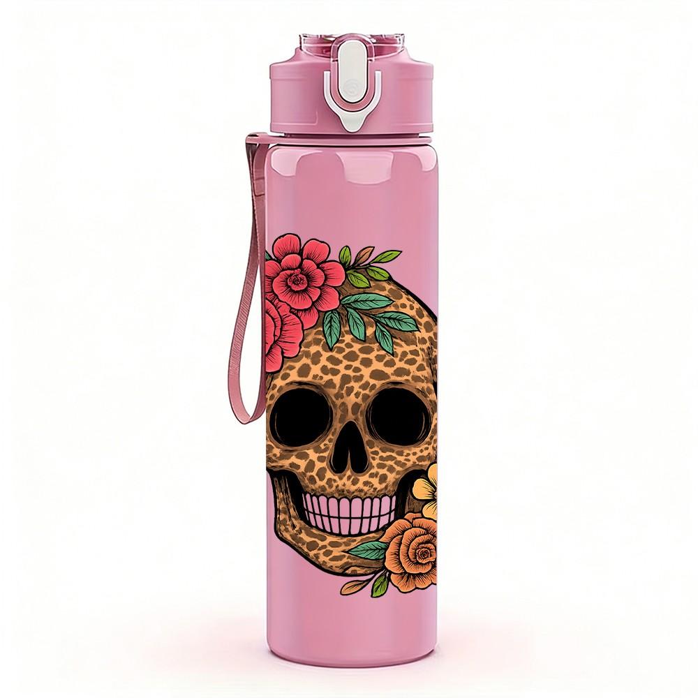 1PC Vintage Rose Skull 750ml Color Plastic Sports Water Bottle Leakproof Flip Straw Lid Suitable for Sports Office Home Use