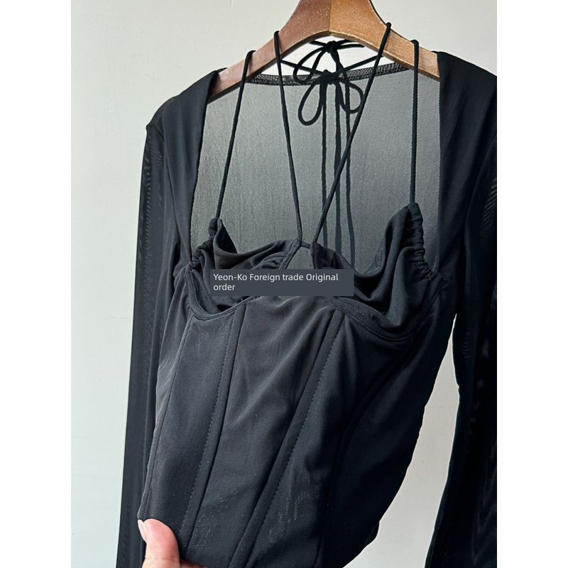 Foreign Trade Original Order Large Sexy Black Mesh Early Autumn Fishbone Long Sleeves Silm Midriff-Baring Top Sexy Square-Cut Collar