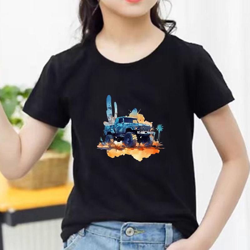 Kids Cotton T Shirt Cute Watercolor Desert Offroad Car Print Crew Neck Short Sleeve Tee Casual Breathable Boys Girls Summer Top 100