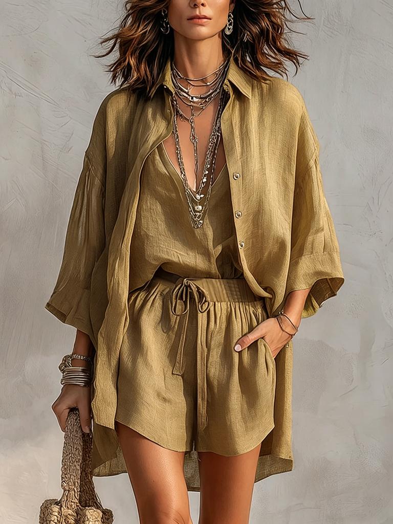 European and American cross-border foreign trade summer lapel breasted nine-point sleeve cardigan deep V-neck vest shorts casual three-piece set women