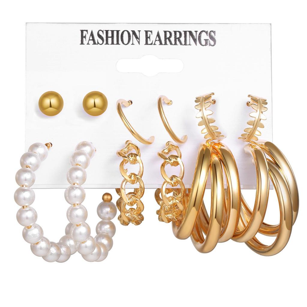 European and American metal earrings square geometric earrings retro pearl earrings ins wind earrings set