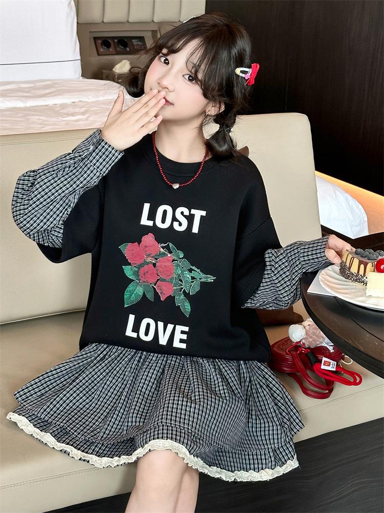 2025 Girls' Fashionable Autumn Two-Piece Set: Sweatshirt & Half Skirt