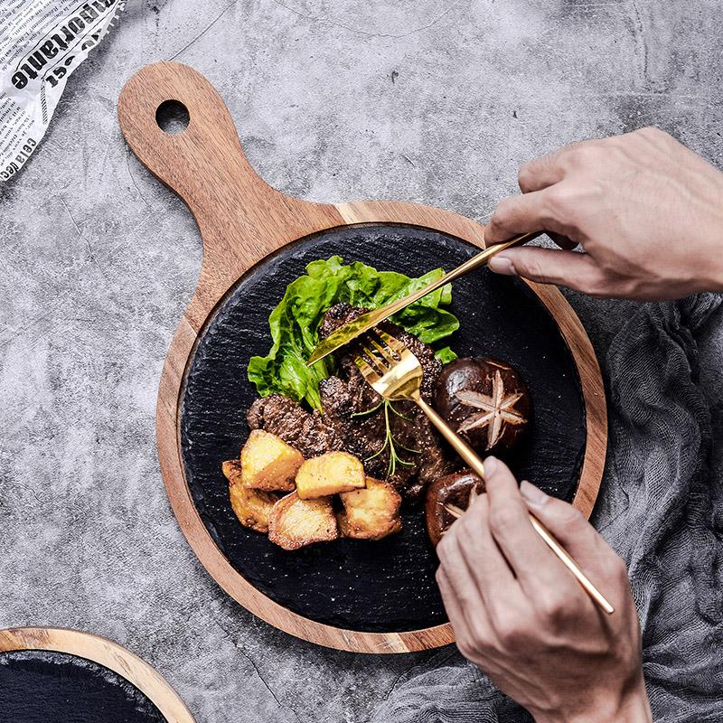 Wood Slate Plate Steak Dinner Plate Wooden Plate Dessert Pizza Food Serving Tray with Handle Restaurant Kitchen Dishes Tableware