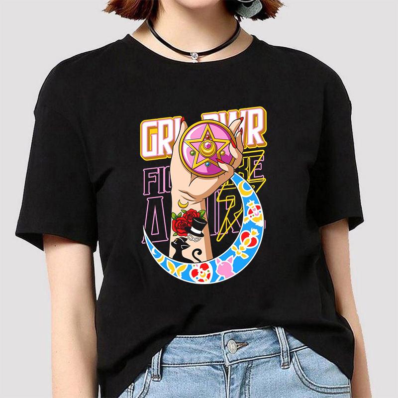 Anime Sailor Moon 18 Different Patterns Summer Printed Casual Black Short Sleeves Cotton Tops O Neck Women T Shirts