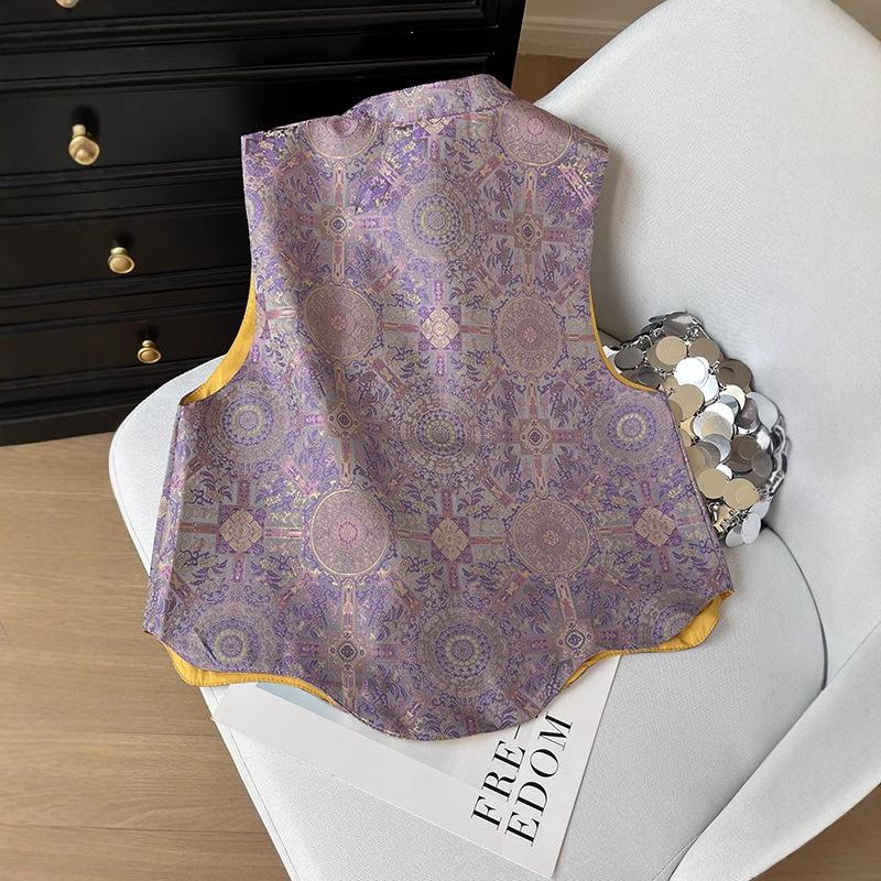 Bada Haojing pattern imitation disc buckle stand-up collar clothing fabric star with the same vest women's top satin cloth