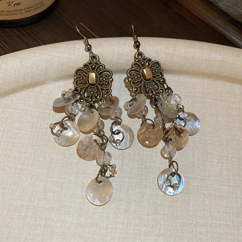 Silver Needle Diamond Crystal Tassel Rhombus Earrings: Luxurious Ethnic Retro Fashion Dangle Jewelry.