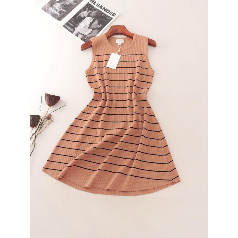 High-End French Style Color Matching Stripe Vest Skirt Summer Sleeveless Ice Silk A Word Knitted Dress