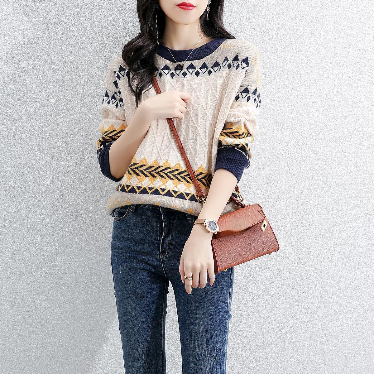 

DIMANAF 2023, зимние свитера, осенние женские свитера большого размера, элегантный пуловер с цветочным принтом, вязаная футболка с длинными рукавами и круглым вырезом, свободный красный свитер