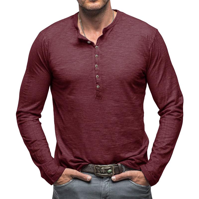 Men's Deep Blue Henley Neck Long Sleeve Casual Shirt with Stretch Comfort Fit