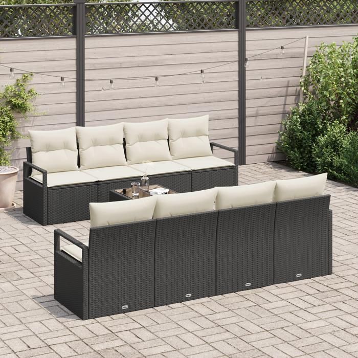 Ensemble de Canapés de Jardin 9 pièces avec Coussins en Rattan Noir, Canapé de Jardin 2 places avec Rangement &amp; Coussins 3354976
