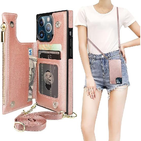 Bocasal Crossbody Wallet Case for iPhone 13 Pro with RFID Blocking Card Slot Holder, Magnetic Flip Folio Purse Case, PU Leather Zipper Handbag with