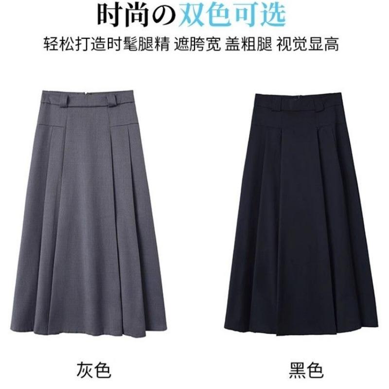 Plus Size Women Gray High Waist A Line Pleated Midi Skirt