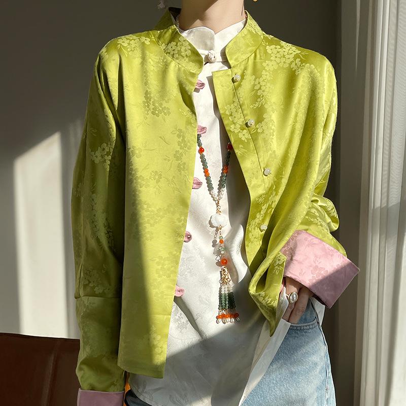 Women's Retro Satin Mandarin Collar Cardigan - Loose Fit, Light National Style Tang Jacket