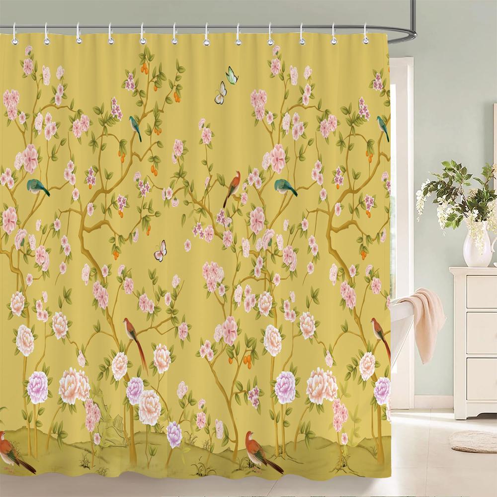 Chinese style Flowers Birds Shower Curtains Printed Bath Curtains Bathroom Waterproof Fabric With 12 Hooks Home Decor Screen