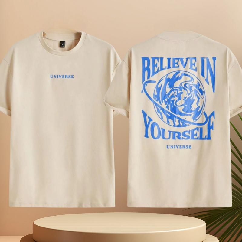 Large Cotton Believe in Yourself Universe Fun Pattern Men's T-shirt Casual Short Sleeved Fashionable Breathable Loose T-shirt