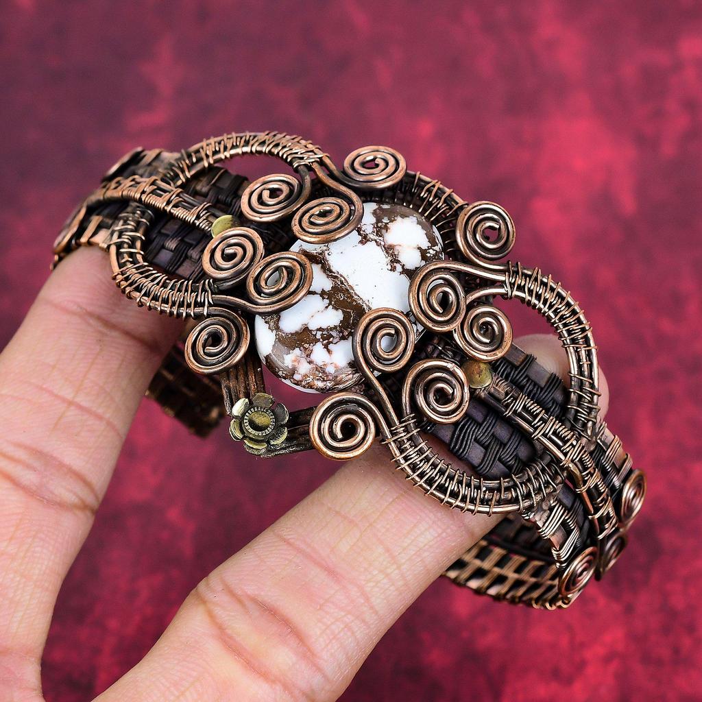 Wild horse magnesite cuff bracelet adjustable bangle copper wire wrapped gemstone cuff bracelet handmade copper wire jewelry wedding gifts