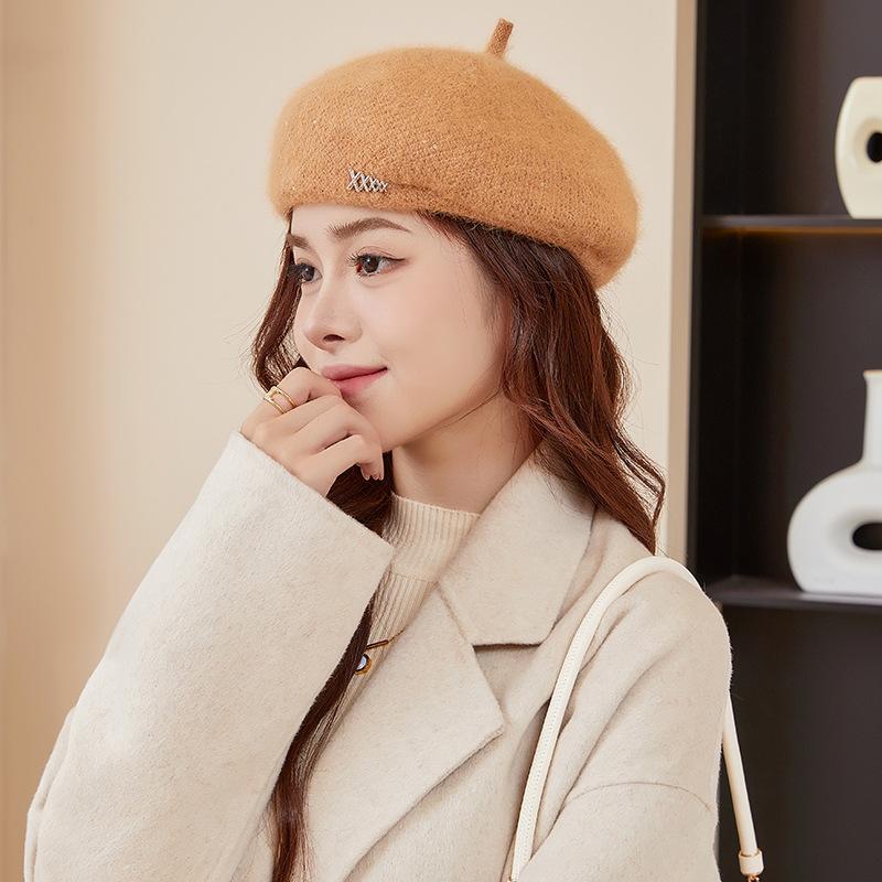 Beret Hat Women's Autumn and Winter Style Face Showing Little Painter's Hat Trendy New Large Head Circumference Rabbit Fur Knitted Newsboy Hat