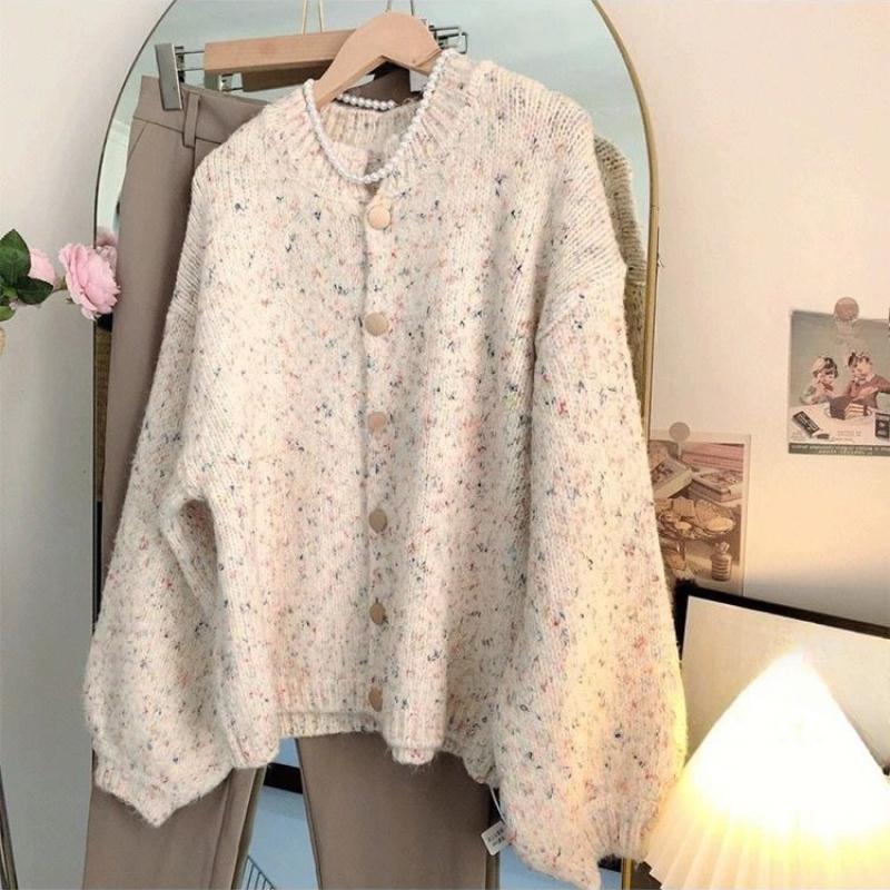 Ladies Floral Vintage Sweaters Lazy Style Loose Lantern Sleeve Sweater Winter Versatile Woman Single Breasted Cardigan