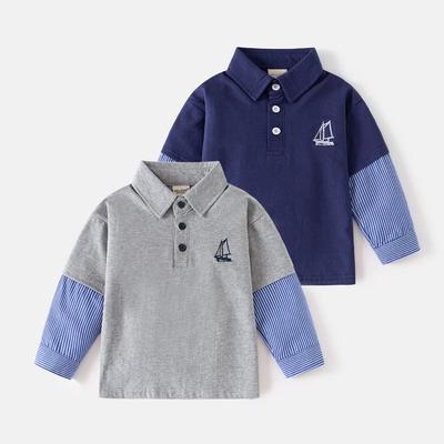 Boys' Sailing Label Polo Shirt Long Sleeves T-shirt Spring and Autumn Kids Lapel Underwear Blouse Baby Fake Two-Piece Tops