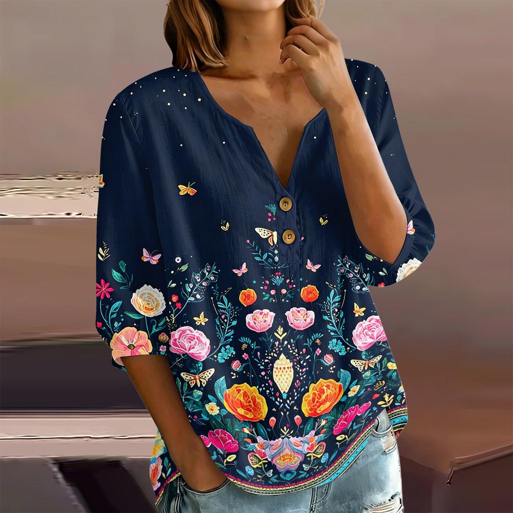 Women Floral Print Henley Button Neck Shirt Three Quarter Sleeve Cotton Linen Blouse Casual Loose Fit Top
