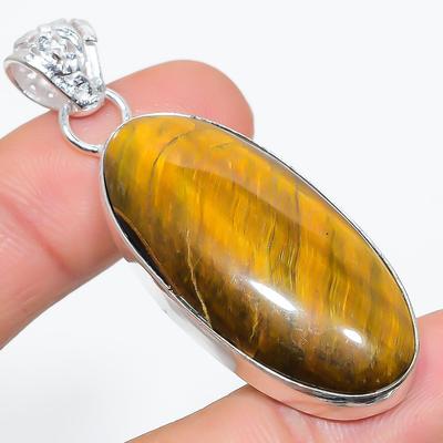 Natural Tiger Eye Gemstone Handmade 925 Sterling Silver Pendant 2.25" U4z97