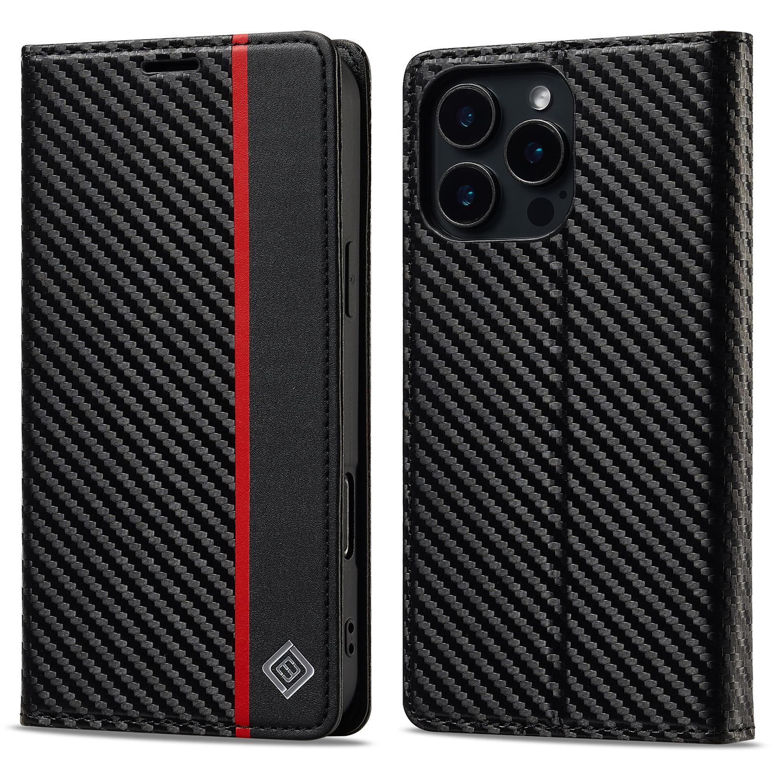 

LC.IMEEKE For iPhone 16 Pro Case Carbon Fiber Texture Phone Cover Stand Card Holder Vertical Stripe