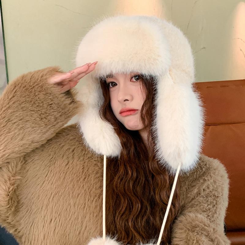 Winter Imitation Mink Fluff Hat Female Cute Hairball Lei Feng Hat Winter Cold and Warm Thickened Ear Protector New