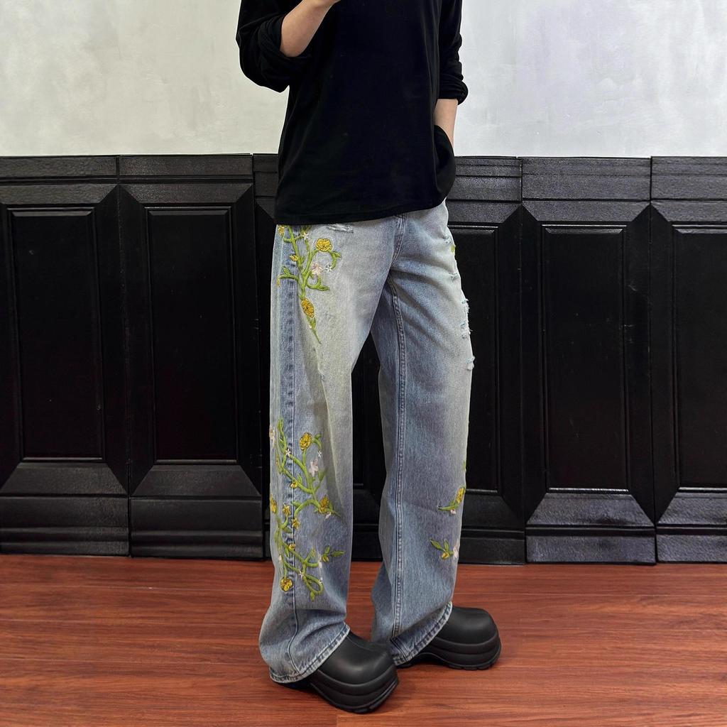 Trendige Marke Nische Rattan Blume Bestickte Jeans Herren Amerikanischer Vibe Straße Rowdy Gutaussehend Locker Gerade High Street Hosen