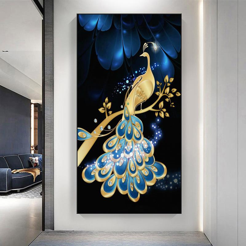 New Chinese Style Light Luxury Peacock Phoenix Canvas Painting Wall Art Abstract Golden Animal Posters for Porch Room Wall Decor