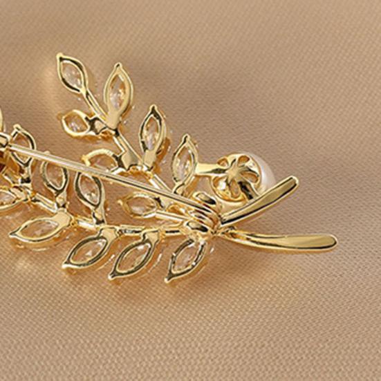 Women Brooch Sparkling Cubic Zirconia Wheat Ear Design Suit Lapel Badge with Imitation Pearls Scarves Dresses Accessories