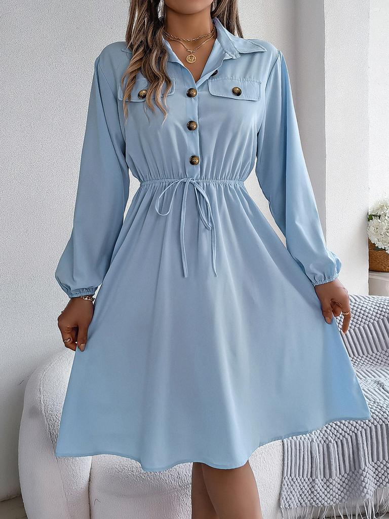 Casual Lace Up Waist Long Sleeve Solid A Line Shirt Dress For Women