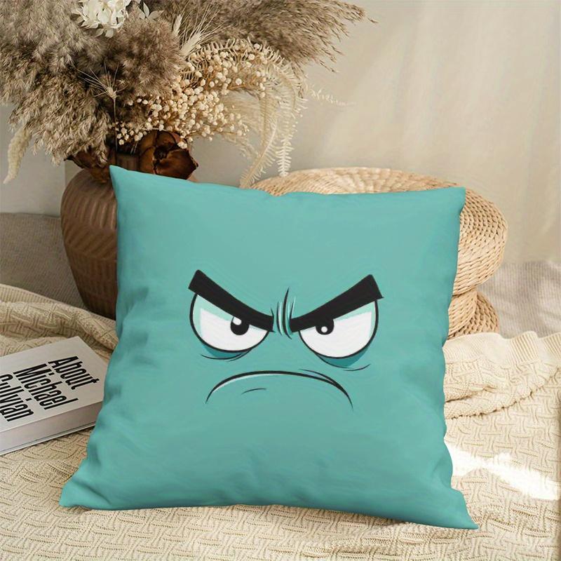 1pc Angry Cartoon Face Pillow Cover - Bold Black Eyebrows on Teal, Soft Plush 18x18 Inch (45x45cm) Contemporary Cushion Cover with Zipper Closure, Mac