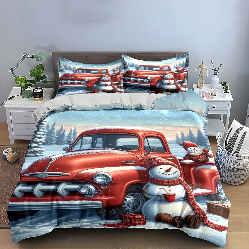 Red Truck with Snowmen Scene Bedding Duvet Cover Set (1*Duvet Cover 2*Pillowcases, without duvet insert)
