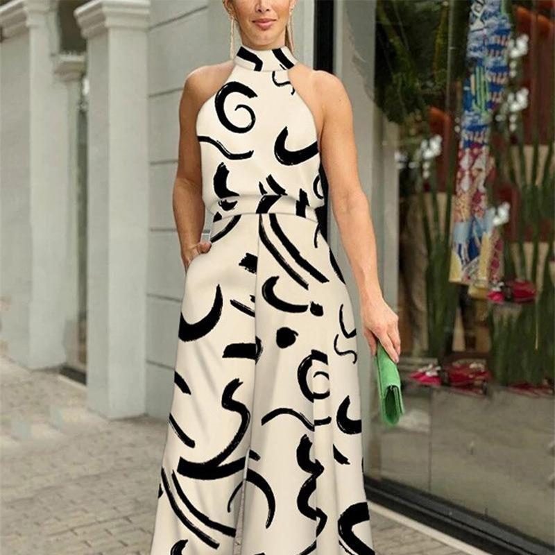 European American Style Round Neck Sexy Printed High Waist Flared Jumpsuit For Women