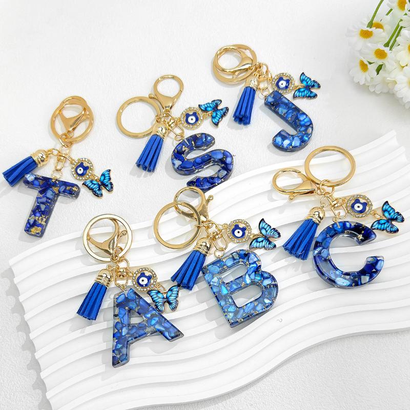 Fashion Blue Glazed Stone A To Z Letter Keychain 26 Initials Alphabet Butterfly Tassel Pendant Car Keyring Women Jewelry Gifts