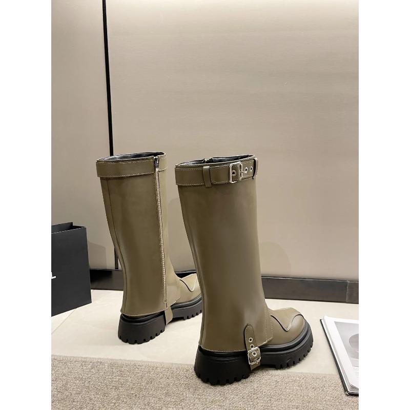 Women Knee High Boots  Autumn and Winter , New British Style Thick Soled Double Leg Boots with Belt Buckles and High Boots