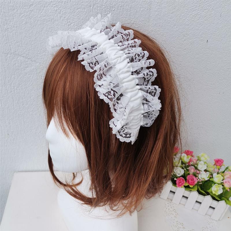 White Lace Pleated Girls Headband Wide Ruffle Sweet Fairy Lolita Princess Hair Accessories Headdress